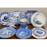 A quantity of 19th and 20thC blue and white ceramics to include drainer 33 cm, square dish,