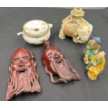 Oriental miscellany to include 2 figures, 2 hardwood masks, ceramic elephant and Chinese lidded