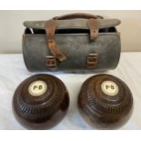 Taylor bowling balls with initials P.B to each and inscribed Watson. With case.Condition