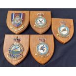 Five Royal Air Force Squadron Wall Plaques. All with Queens Crown insignia. Size 18cm x 15cm.