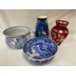 Blue and White ceramics to include Copeland Spode's Italian bowl 22cms diameter, Chamber Pot, Vase