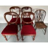 Four 19thC balloon back chairs together with single spell and wheel back chair.