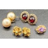 Nine carat gold earrings to include cabochon garnet, single amethyst, turquoise and pearl. Total