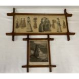 Two cross stretcher oak picture frames with images from a ladies pattern book etc.Condition