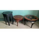 Two circular oriental lacquered and painted tables together with a carved hexagonal occasional