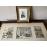 Oak frame 48cm h x 89cm w containing three 19thC prints, one by David Bates, one by R W Rouse 1885