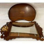 An Edwardian shell inlay wooden gallery tray together with a reproduction mahogany mirror with