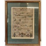 A 19thC cross stitch sampler by Jane Sargent aged 8, Psalm 67. 30.5 x 21.5cm. Framed and glazed.