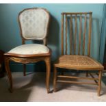 Two chairs - one upholstered French, the other caned. French 92 h, caned 84cm h and 32cm to seat.