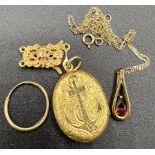 Oval locket with anchor to front, tests as 15ct gold with 9ct gold clasp, 9ct sleeper earring and