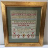 A late 19thC Sampler by Eleanor J Lickiss dated 1897. Sampler size 30cm h x 27cm w.Condition