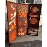 A 3 fold dressing screen with mid century appliqué work panels . Each panel 171 h x 60cm w.Condition