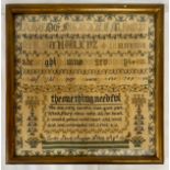 A 19thC Sampler by Emily Lloyd dated August 18th 1862 aged 13 years. Visible image is 32cm x 32cm.