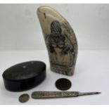 Miscellany to include papier mache snuff box, pen knife, 1700 Britannia half penny, resin copy of