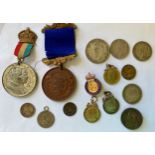 Assorted medals and coins including Hull Times long service medal , 1 Florin 1933, Civil Defence