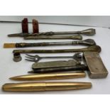 A miscellany to include Chinese soapstone chops, tea infusers, 12 carat rolled gold parker pen and