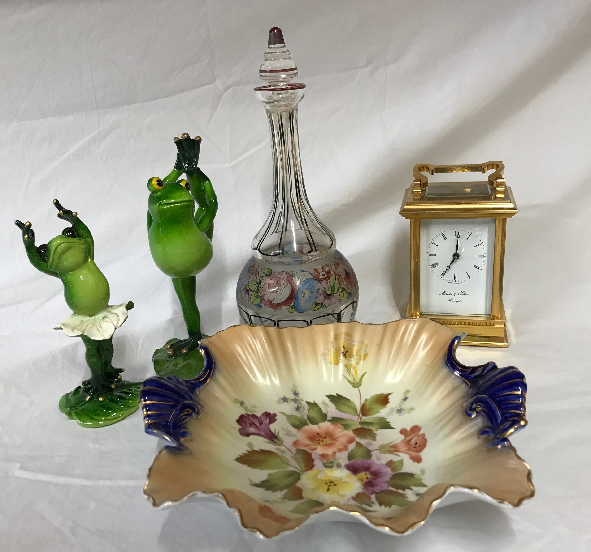 A miscellany to include a carriage clock by Morrell & Hilton, Huntingdon, glass decanter painted