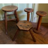 Two 19thC stools with 2 bobbins.Condition ReportFairly good condition.