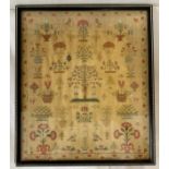 A 19thC Sampler undated with coloured images of Adam & Eve, birds, flowers etc. Visible image 37.5cm