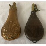 A 19thC copper and brass powder flask embossed with scallop shell together with a leather shot