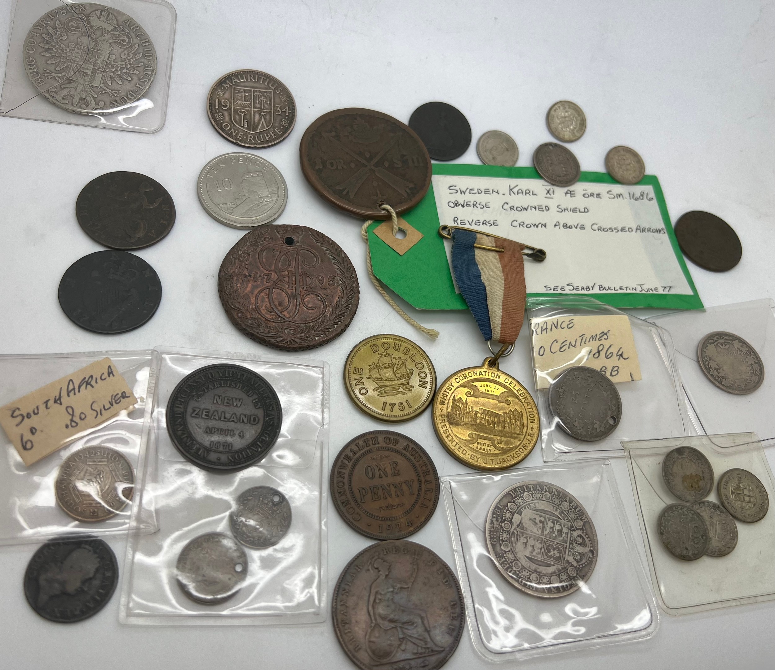 British continental and world coins to include Sweden Karl XI 1686, Marie Therese Thaler 1780,