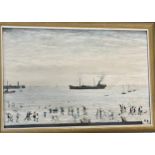 A print of L.S. Lowry 'Waiting for the Tide'. 45 h x 67cm w.