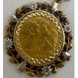 An 1899 half sovereign in a decorative 9ct gold mount. Total weight 8.2gm.