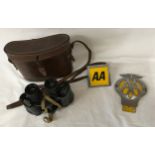 Two AA badges, one 7 B05432 (1960-1961) together with a pair of Taylor-Hobson 1943 MOD binoculars,
