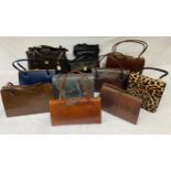 Eleven assorted handbags to include two lizard, one skin, five marked real leather and three others,