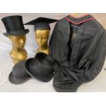 Costume to include 2 top hats, one by G A Dunn & Co, a bowler hat by Locke & Co, together with a