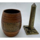 H.M.S. Ganges teal barrel and brass commemorative tower 10.5cm h.Condition ReportGood condition.
