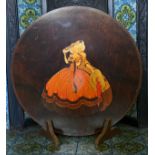 Circular wooden firescreen with crinoline lady decoration to front. 60cm d.Condition ReportGood
