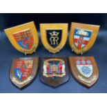 Six various wooden wall plaques to include University of London, West Riding of Yorkshire, Sancte et