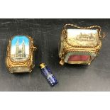 Two 20thC French gilt metal and glass trinket boxes, the hinged covers with printed scenes of
