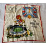 A 1966 World Cup commemorative handkerchief depicting WC Willie kicking a ball over an image of