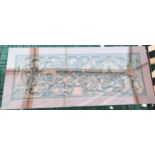 Oriental glass topped table measuring 102 l x 51 d x 41.5cm h with carvings to top sides and ends.