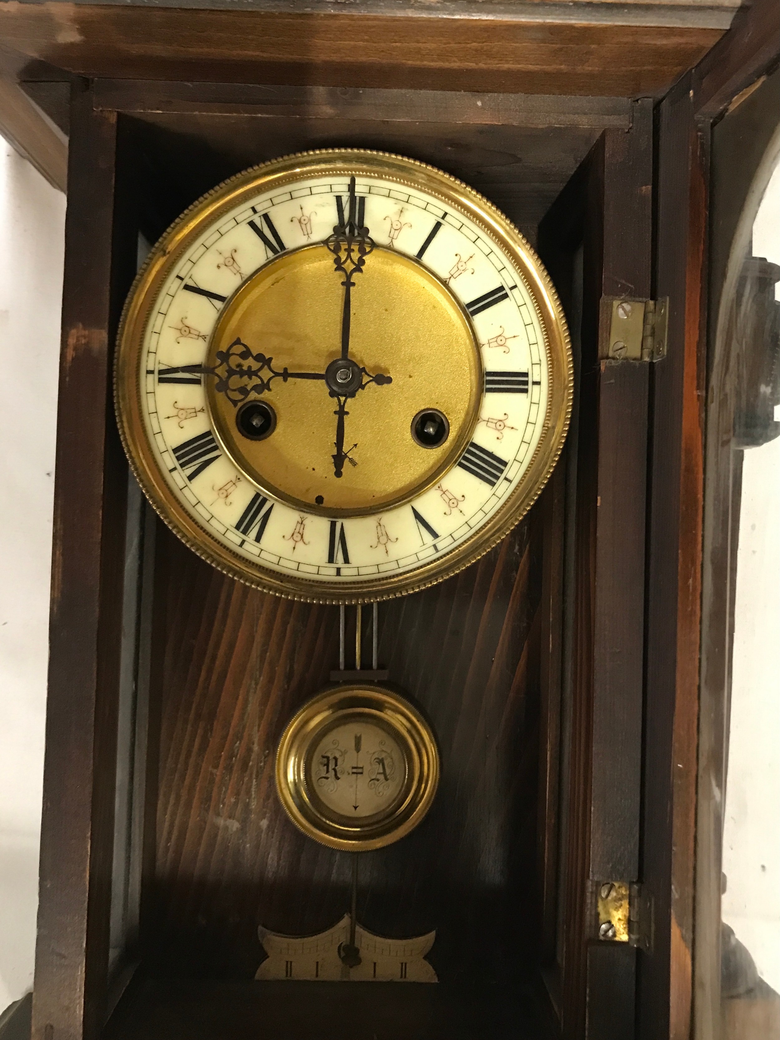 A wall clock with R A marked on pendulum with key. Approx. 60 h x 16 d x 30cm w. - Image 2 of 6