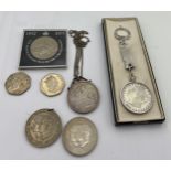 Coins to include 1889 crown mounted as pendant on chain, 1890 silver dollar on key ring, 2 x 1994 50