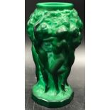 An art deco malachite glass vase decorated with nude figures 13cm h.