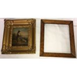 Oil on board of shepherd with sheep, unsigned in a gilt frame, 17 x 14cm, together with a maple