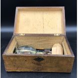 A 19thC inlaid box to include fountain pens, rulers and magnifying glass. Some fountain pens branded