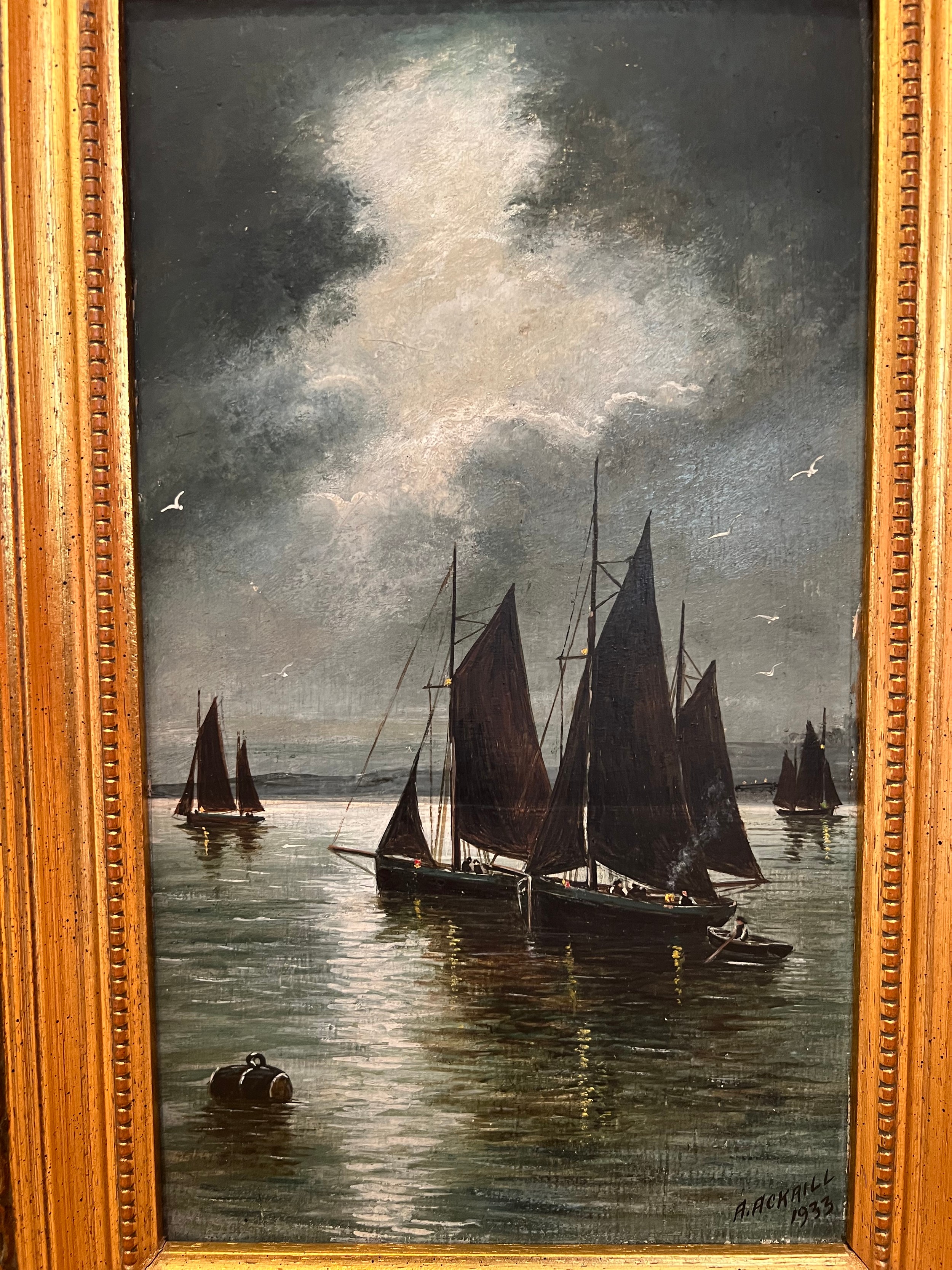 A. Ackrill - pair of oils on board, nautical scene of sailing ships in matching gilt frames. - Image 3 of 6