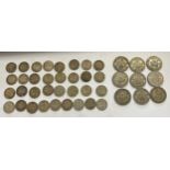 A collection of threepence and one shilling pieces, threepences dating from 1873 to 1941. 24 pre