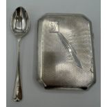 Silver Art Deco cigarette case Birmingham 1932 together with a Holderness Hunt silver spoon engraved