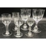 Six various drinking glasses, three with hollow stems. Tallest measuring at 17cm.