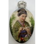 A ceramic scent bottle depicting Japanese lady with hallmarked silver top Birmingham 1905. 6cm l.