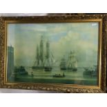 Large gilt framed print, The William Lee at the mouth of Humber Dock, Hull by John Ward. 53 h x 82cm
