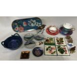 Selection of ceramics to include four tiles by Griselda Hill, Wemyss ware 11cm square, two china