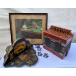 Miscellany to include accordion, decoupage wooden shelf 42cm h, 4 x leaded soldiers 6.5cm h, a
