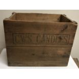 An early 20thC wooden candle box federation wax candles with 'C.W.S. Candles' to front. 34d x 5